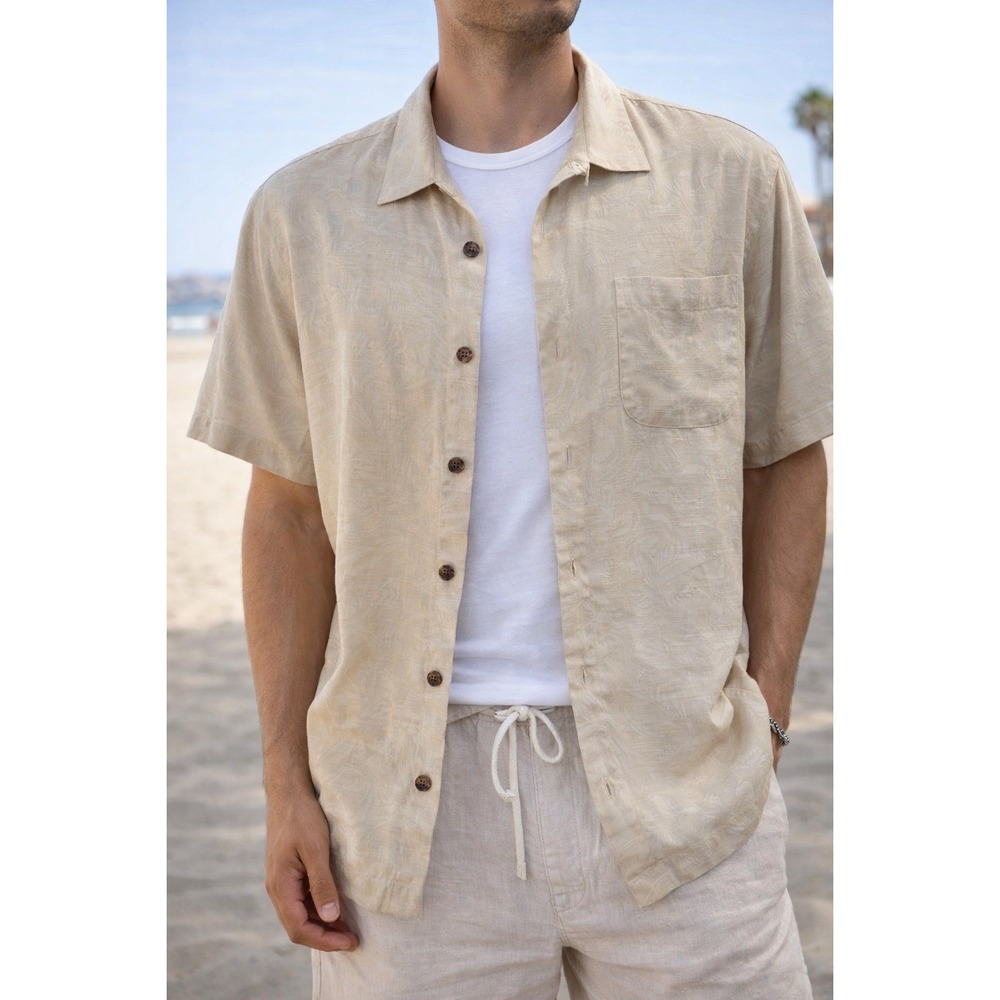 Joseph & Feiss‎ Mens Large Beige 100% Silk Jacquard Tropical Camp Shirt RN 77219